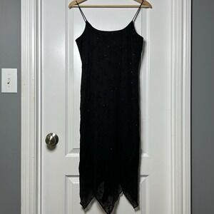 DBY Vintage 90s Black Burnout Floral Sequin Handkerchief Hem Fitted Slip Dress